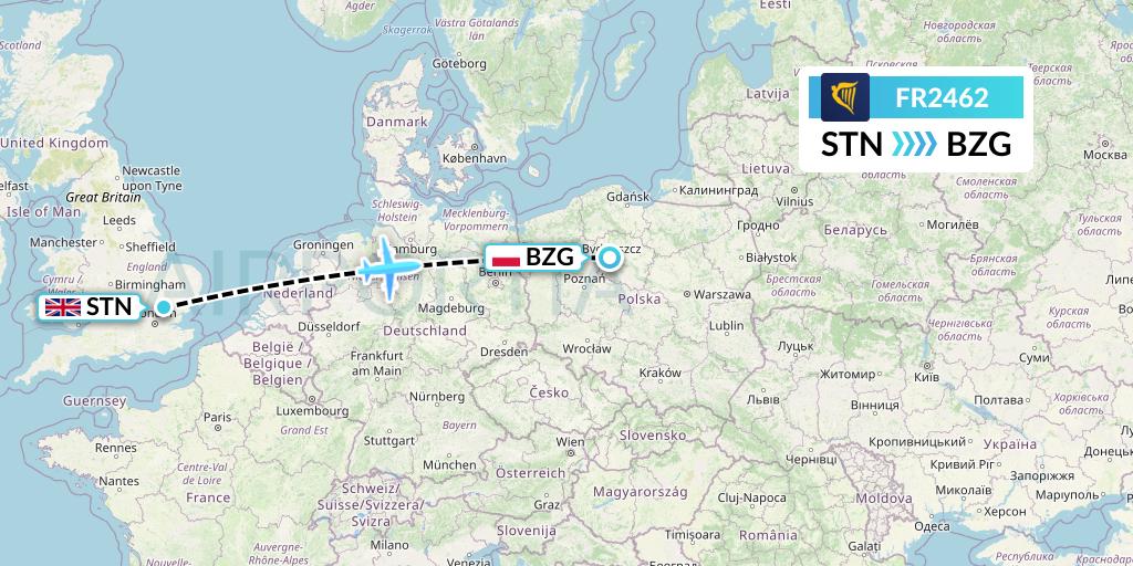 FR2462 Ryanair Flight Map: London to Bydgoszcz