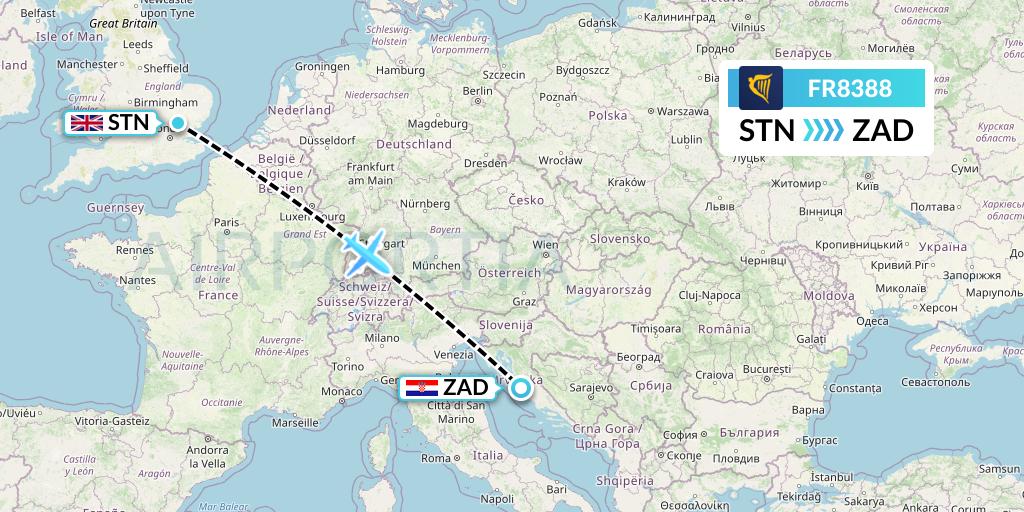 FR8388 Ryanair Flight Map: London to Zadar