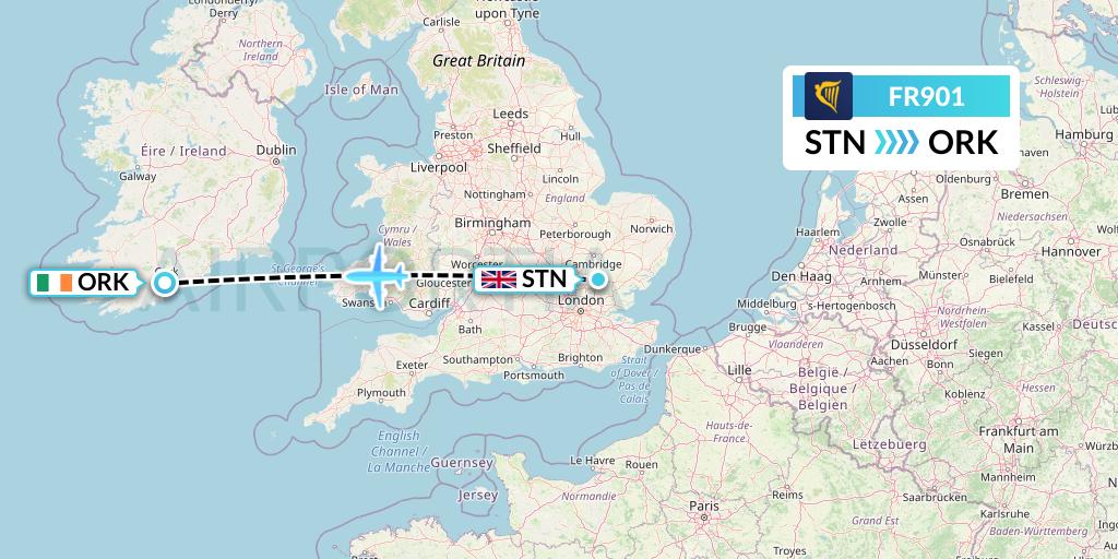 FR901 Ryanair Flight Map: London to Cork