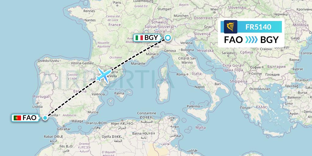 FR5140 Ryanair Flight Map: Faro to Milan
