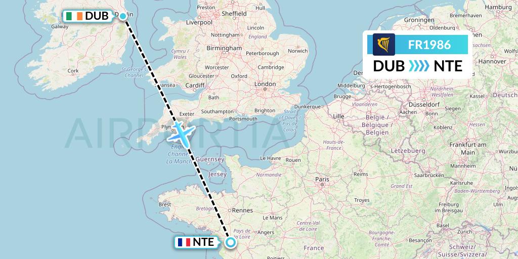 FR1986 Ryanair Flight Map: Dublin to Nantes