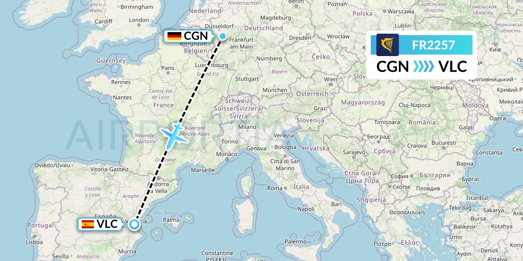 FR2257 Ryanair Flight Map: Cologne to Valencia