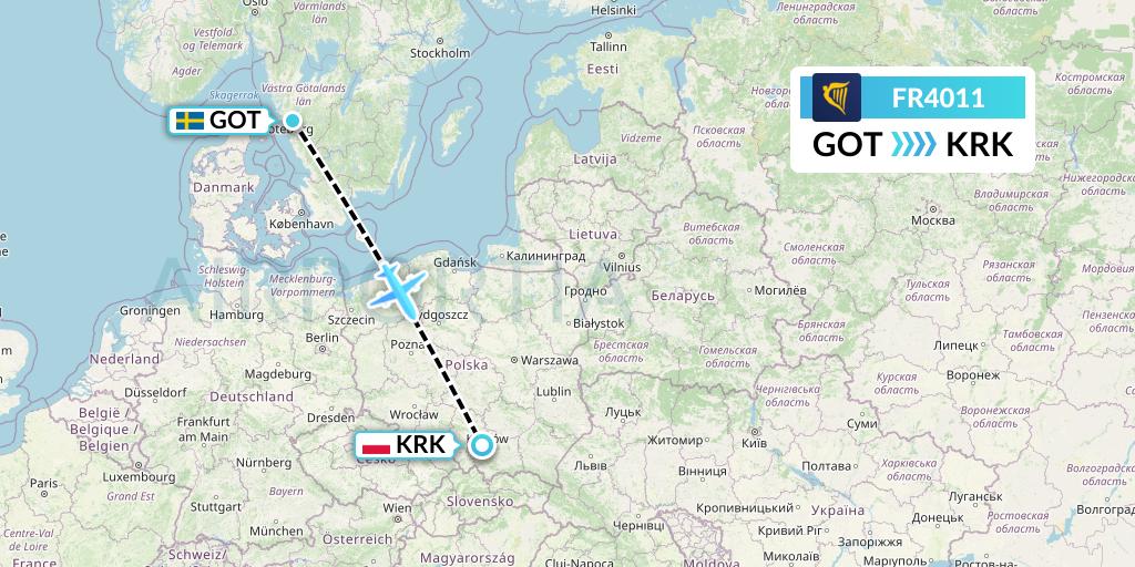 FR4011 Ryanair Flight Map: Gothenburg to Krakow