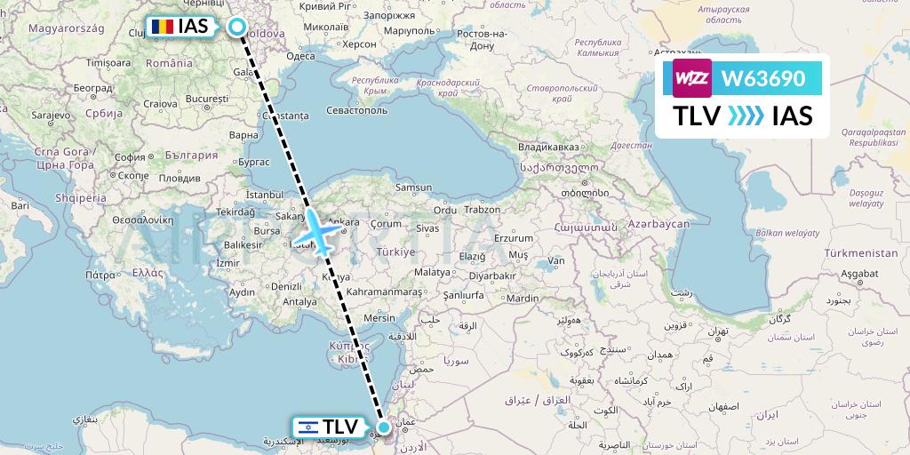 W63690 Wizz Air Flight Map: Tel Aviv to Iasi