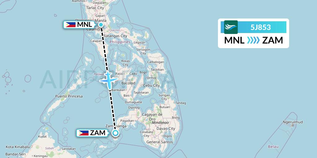 5J853 CEBU Pacific Air Flight Map: Manila to Zamboanga