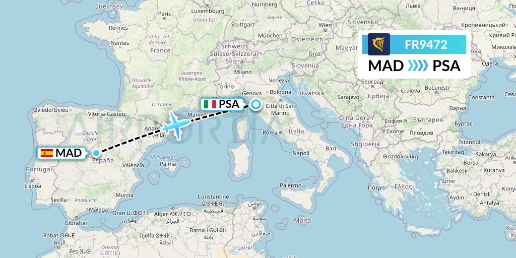 FR9472 Ryanair Flight Map: Madrid to Pisa