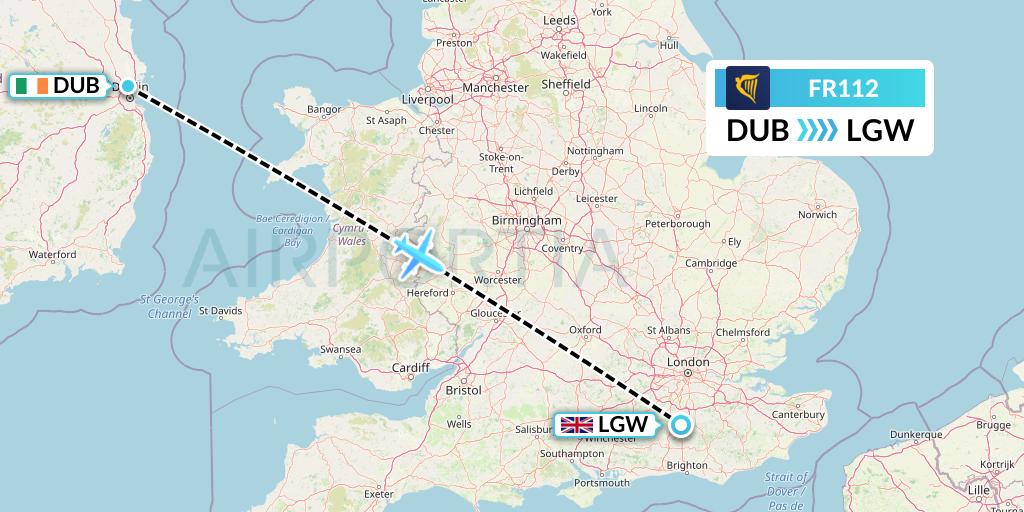 FR112 Ryanair Flight Map: Dublin to London