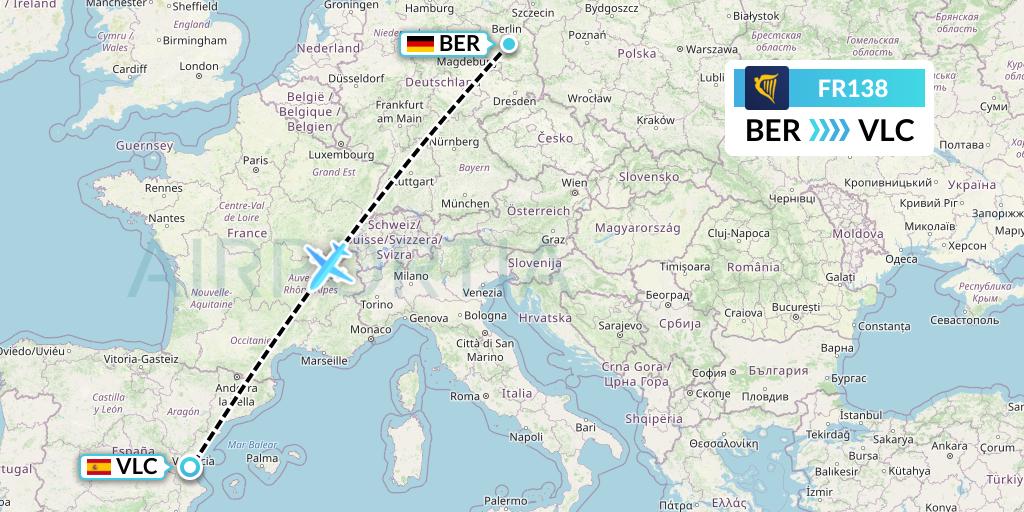 FR138 Ryanair Flight Map: Berlin to Valencia