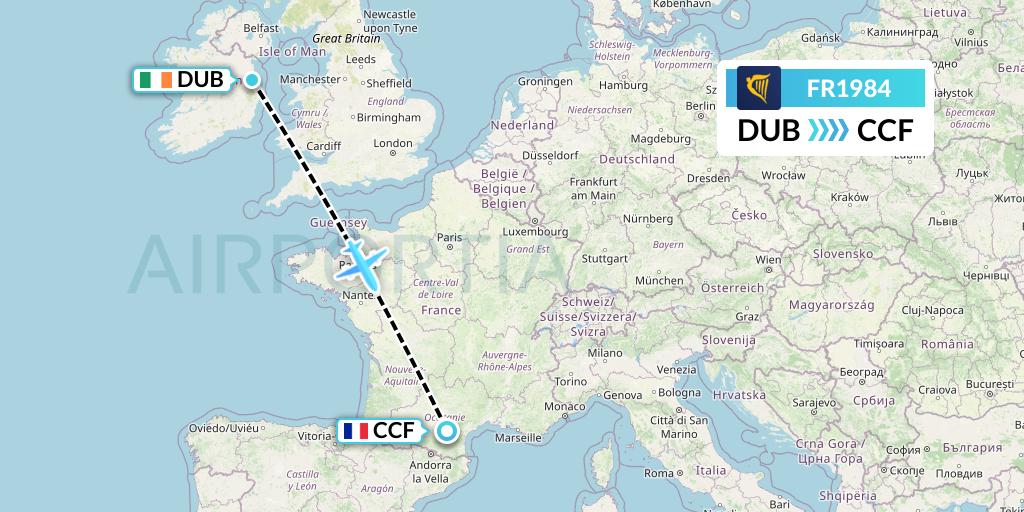 FR1984 Ryanair Flight Map: Dublin to Carcassonne