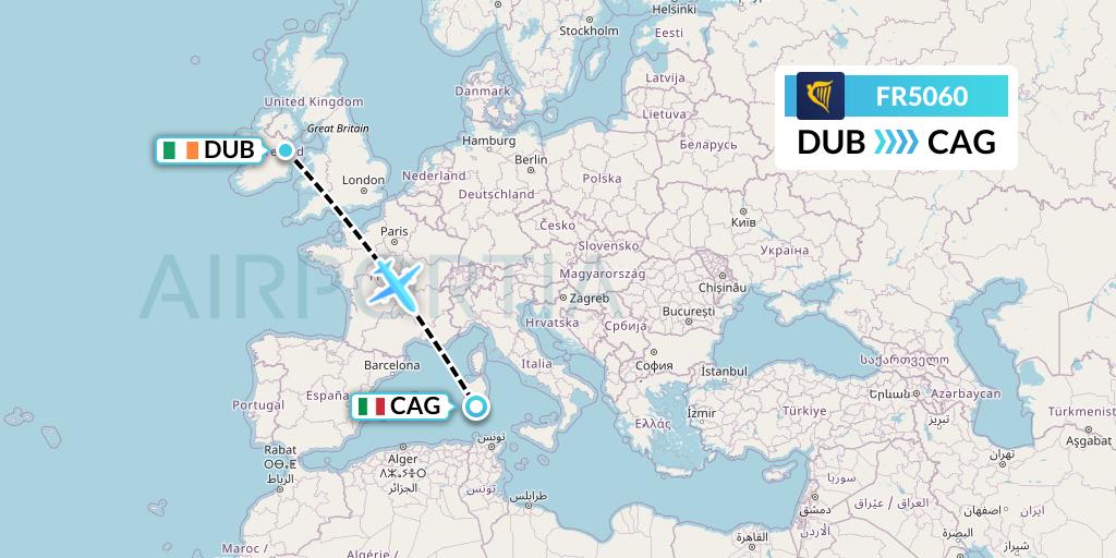 FR5060 Ryanair Flight Map: Dublin to Cagliari