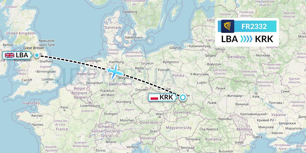 FR2332 Ryanair Flight Map: Leeds to Krakow