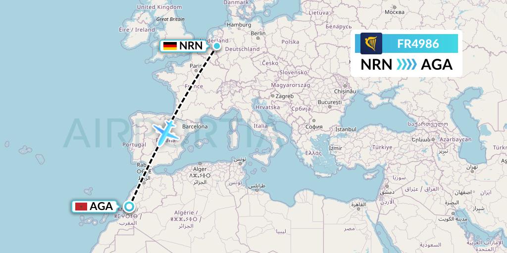 FR4986 Ryanair Flight Map: Weeze to Agadir