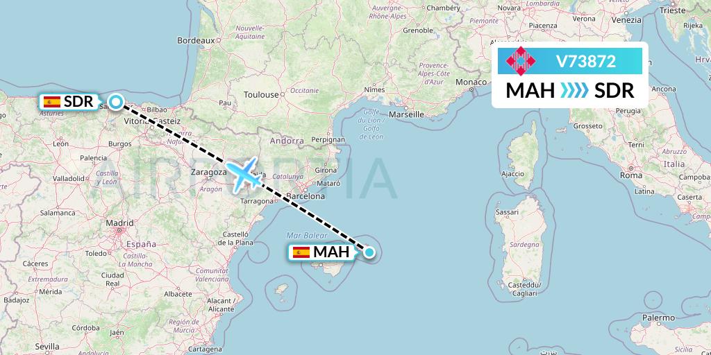 V73872 Volotea Flight Map: Mahon to Santander