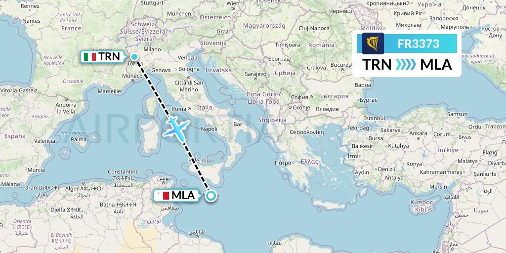 FR3373 Ryanair Flight Map: Turin to Malta