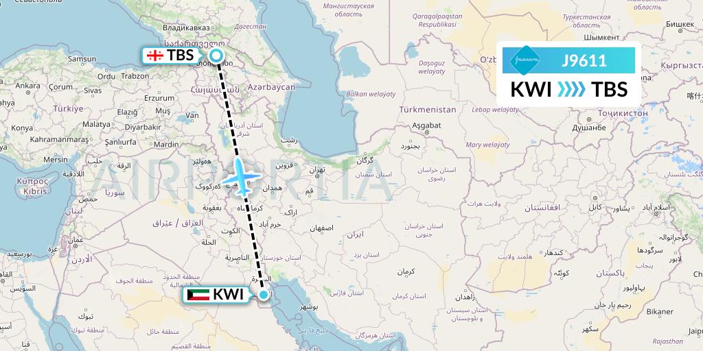 J9611 Jazeera Airways Flight Map: Kuwait City to Tbilisi