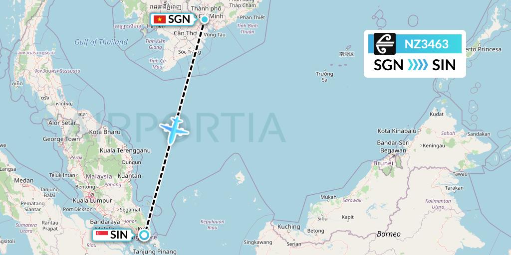 NZ3463 Air New Zealand Flight Map: Ho Chi Minh City to Singapore