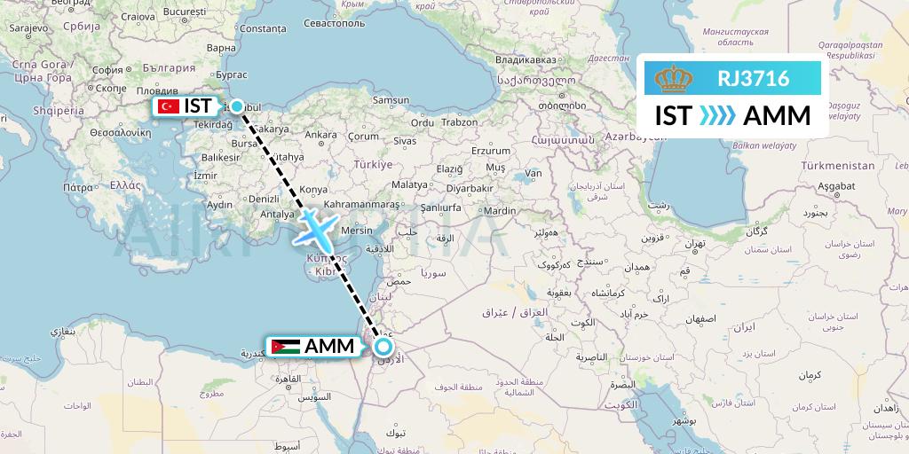 RJ3716 Royal Jordanian Flight Map: Istanbul to Amman