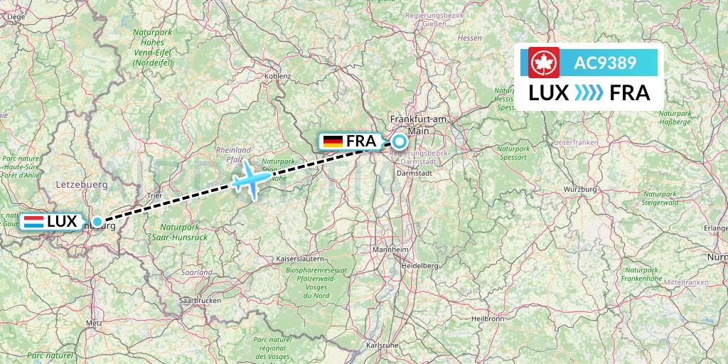 AC9389 Air Canada Flight Map: Luxembourg to Frankfurt
