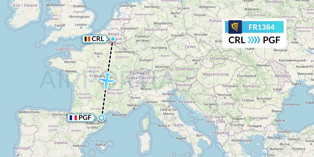 FR1384 Ryanair Flight Map: Brussels to Perpignan