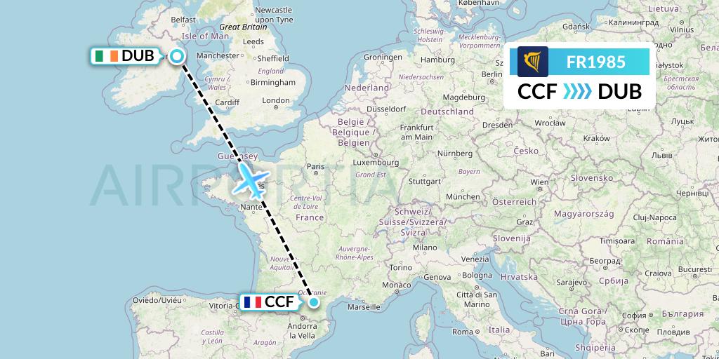 FR1985 Ryanair Flight Map: Carcassonne to Dublin