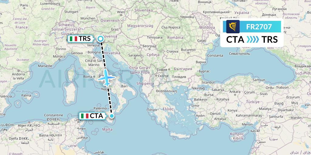 FR2707 Ryanair Flight Map: Catania to Trieste
