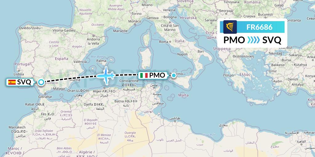 FR6686 Ryanair Flight Map: Palermo to Seville