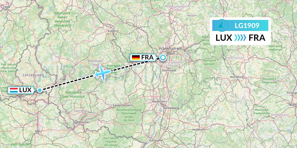 LG1909 Luxair Flight Map: Luxembourg to Frankfurt