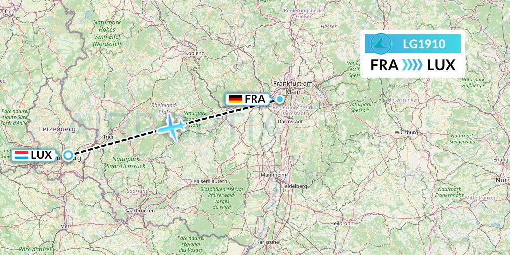 LG1910 Luxair Flight Map: Frankfurt to Luxembourg