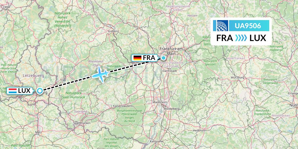 UA9506 United Airlines Flight Map: Frankfurt to Luxembourg