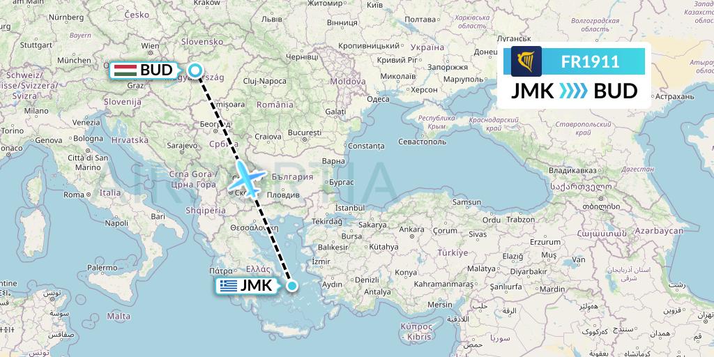 FR1911 Ryanair Flight Map: Mykonos to Budapest