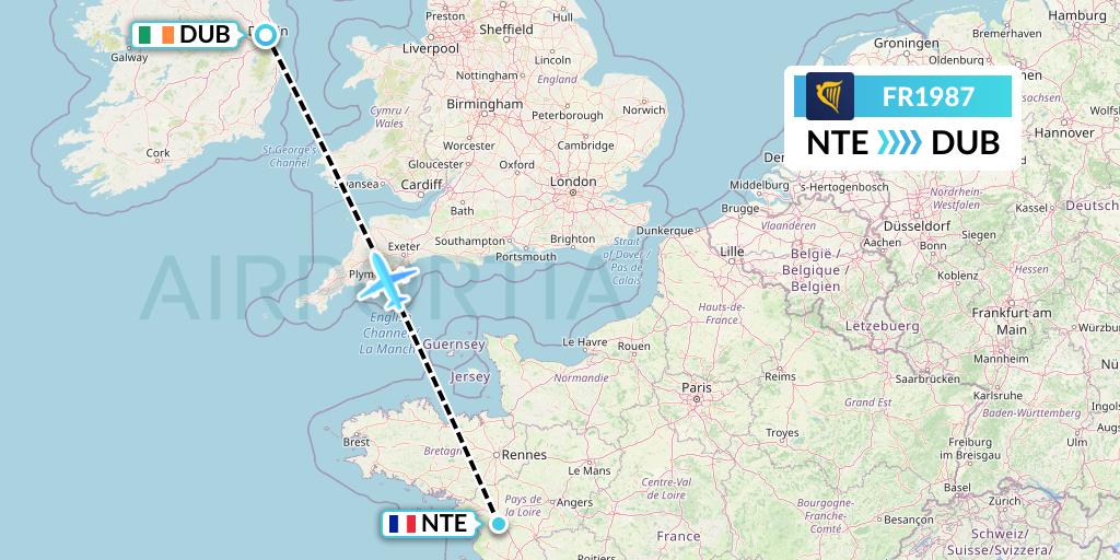 FR1987 Ryanair Flight Map: Nantes to Dublin