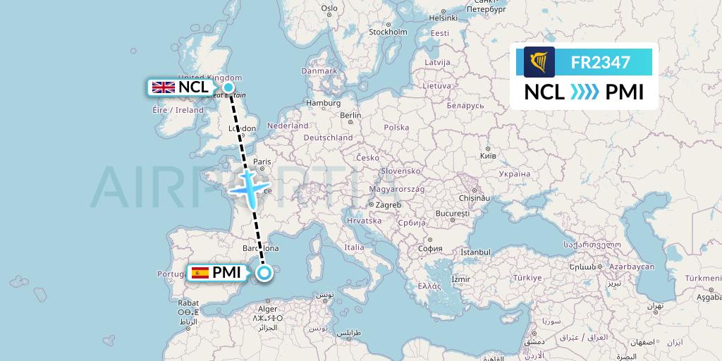 FR2347 Ryanair Flight Map: Newcastle to Palma de Mallorca