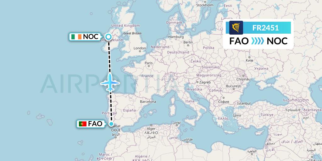FR2451 Ryanair Flight Map: Faro to Knock