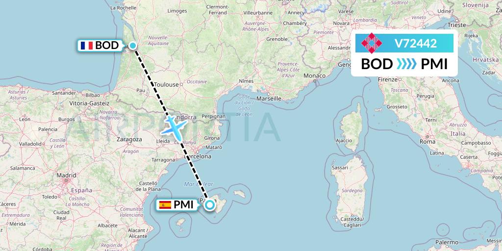 V72442 Volotea Flight Map: Bordeaux to Palma de Mallorca
