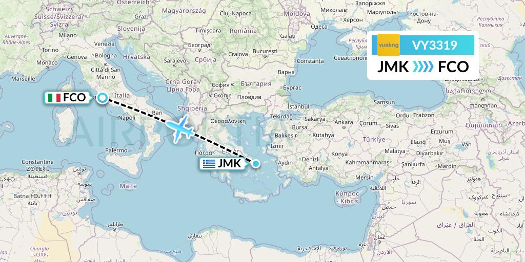 VY3319 Vueling Flight Map: Mykonos to Rome