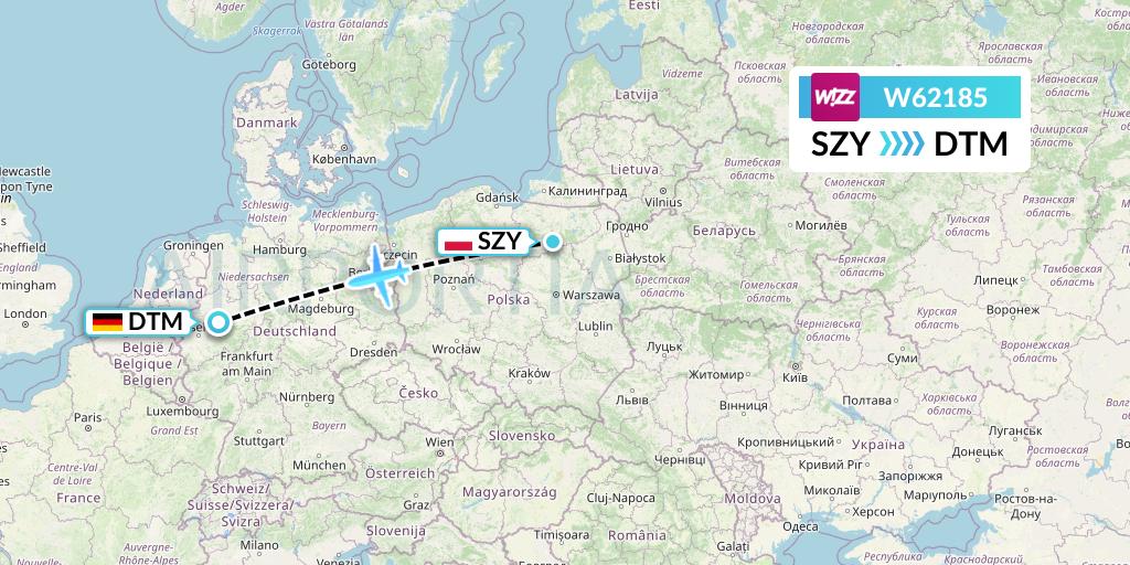 W62185 Wizz Air Flight Map: Olsztyn to Dortmund