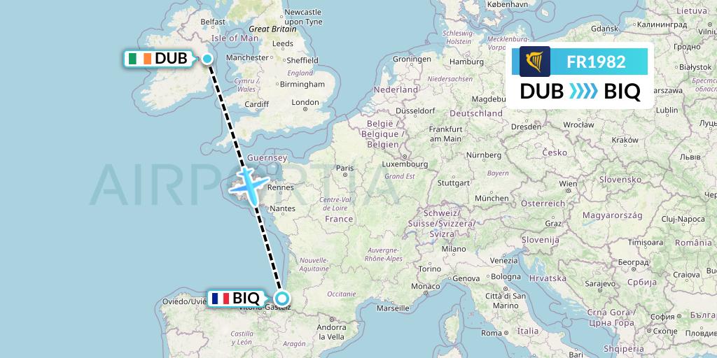 FR1982 Ryanair Flight Map: Dublin to Biarritz