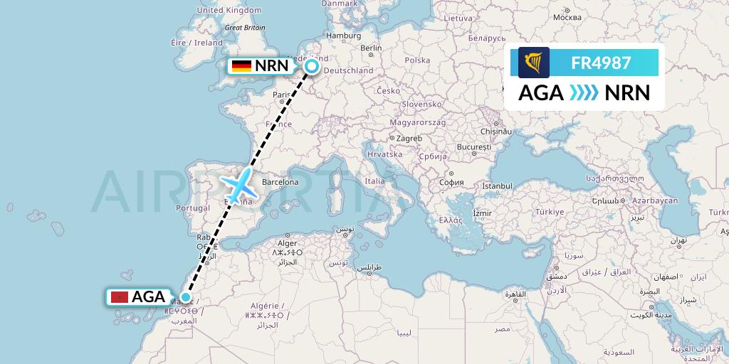 FR4987 Ryanair Flight Map: Agadir to Weeze