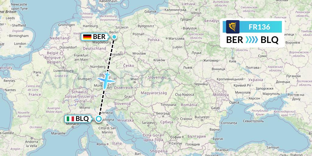 FR136 Ryanair Flight Map: Berlin to Bologna