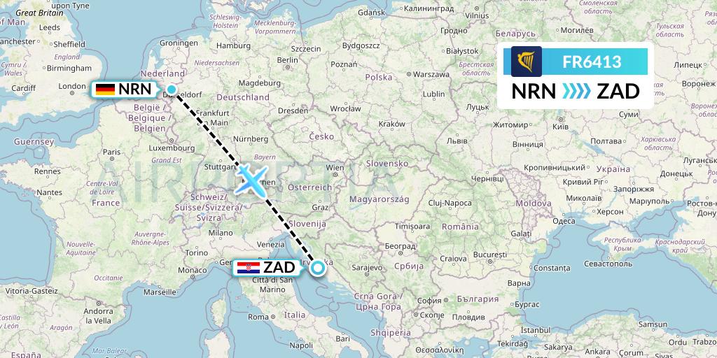 FR6413 Ryanair Flight Map: Weeze to Zadar