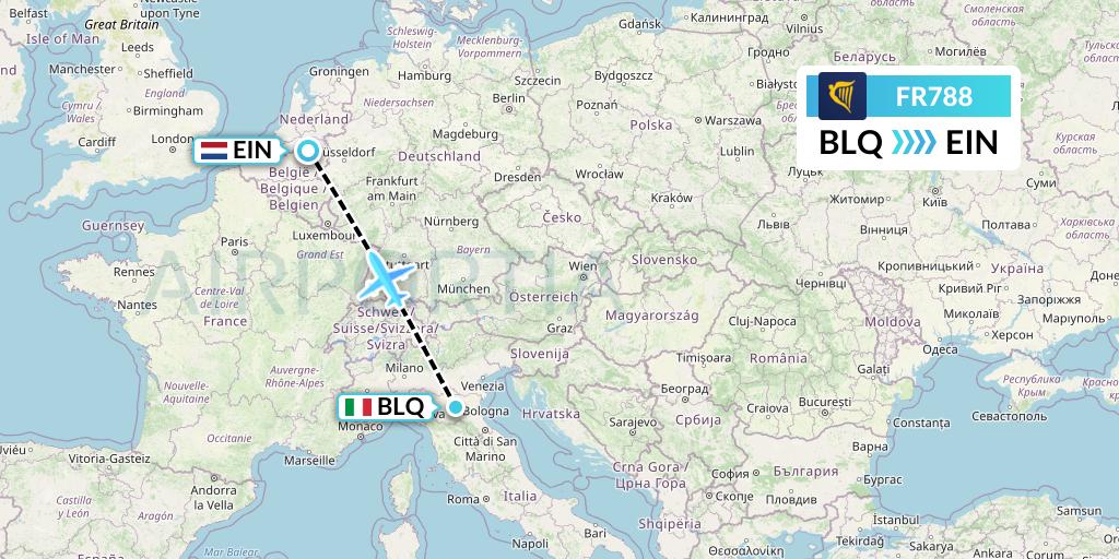 FR788 Ryanair Flight Map: Bologna to Eindhoven