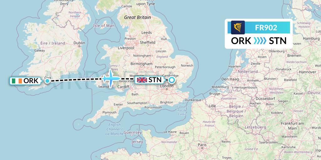 FR902 Ryanair Flight Map: Cork to London