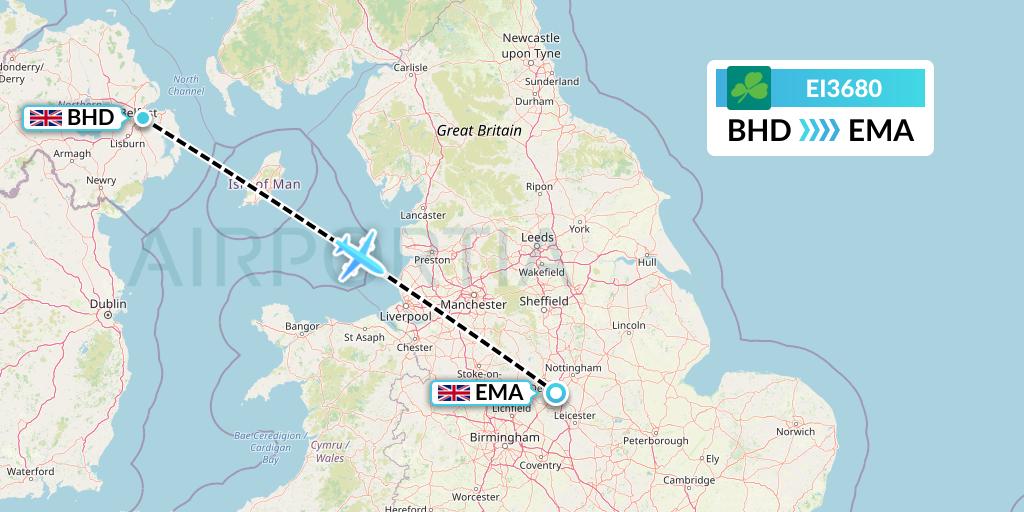 EI3680 Aer Lingus Flight Map: Belfast to East Midlands