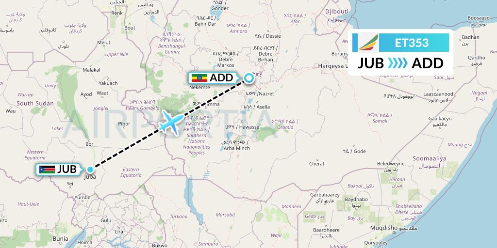 ET353 Ethiopian Airlines Flight Map: Juba to Addis Ababa