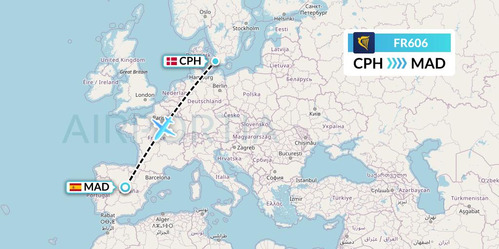 FR606 Ryanair Flight Map: Copenhagen to Madrid