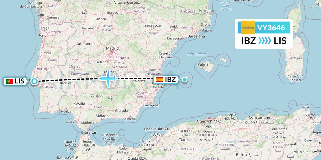 VY3646 Vueling Flight Map: Ibiza to Lisbon
