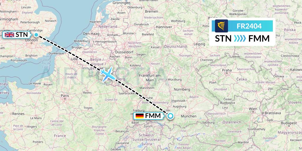 FR2404 Ryanair Flight Map: London to Memmingen
