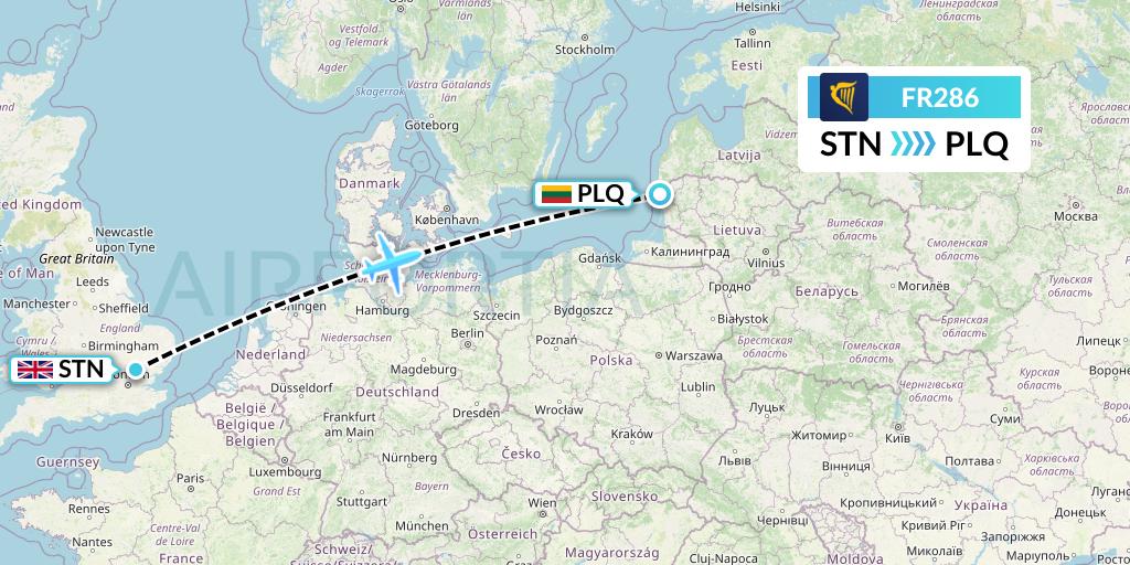 FR286 Ryanair Flight Map: London to Palanga