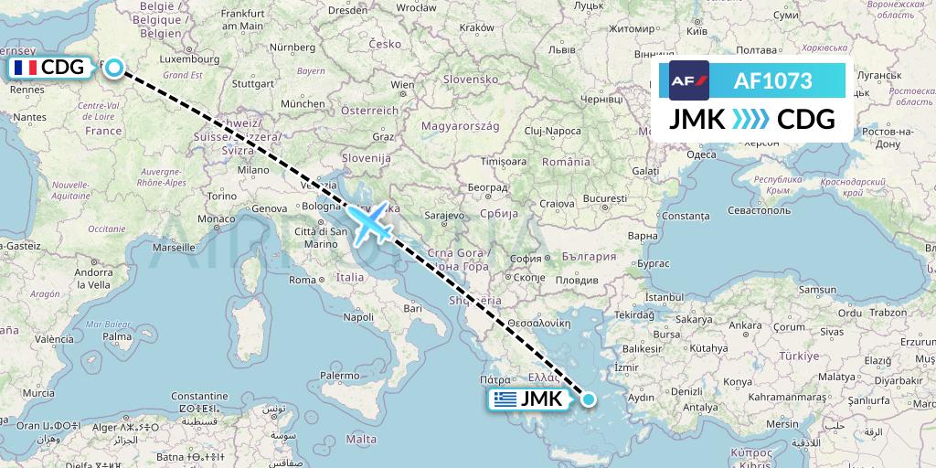 AF1073 Air France Flight Map: Mykonos to Paris