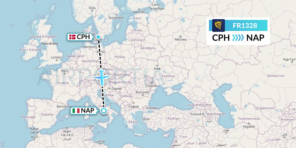 FR1328 Ryanair Flight Map: Copenhagen to Naples